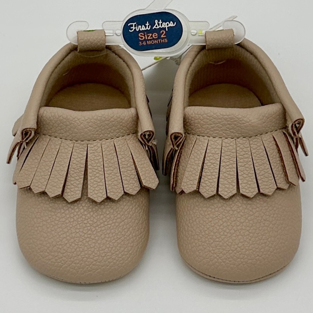 First Steps Baby Moccasins | Tan Faux Leather Fringe Shoes | Infant Size 2‎
